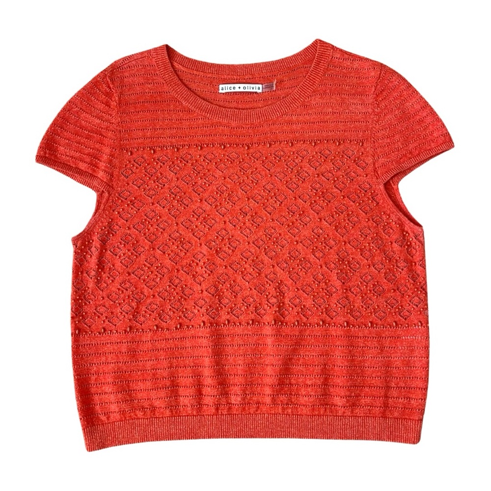 Alice + Olivia cropped Beaded, short sleeve Linen blend sweater - EUC